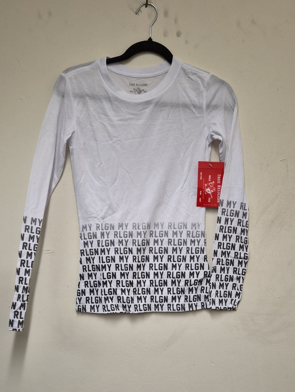 True Religion White Long Sleeve Tee with Black RLGN Repeat | Size XS